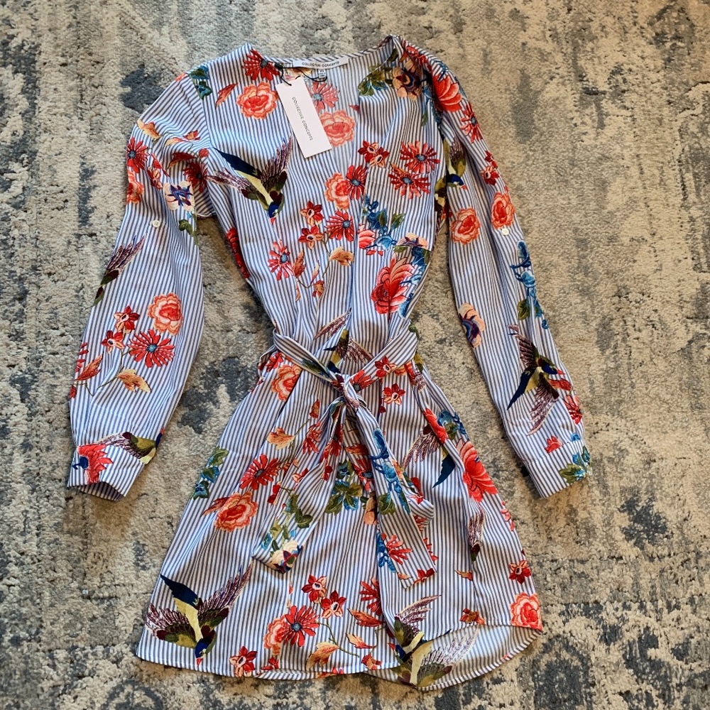 Long sleeve light blue and white striped shirt dress. Flower and bird accents